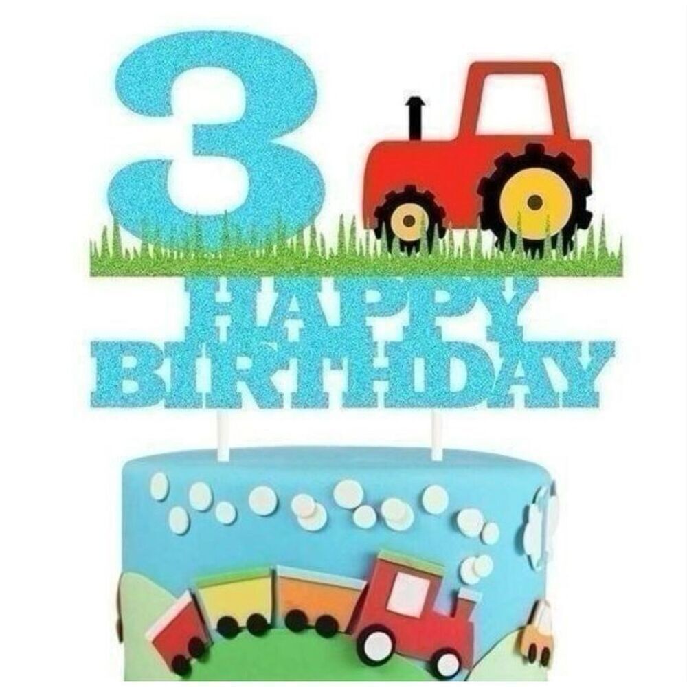 Brand New Happy 3rd Birthday Glitter Farm Tractor Cake Topper Decor